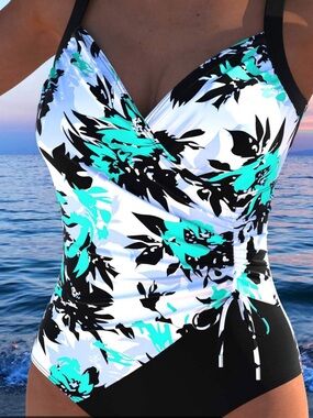 Modlily Drawstring Blue Floral Print Cyan One Piece Swimsuit Size Medium NWOT